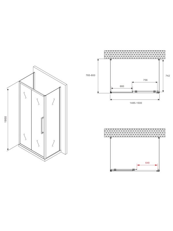 Душевой уголок Abber Schwarzer Diamant AG30150BMH-S80BM-S80BM 150х80 см, профиль матовый черный, стекло матовое