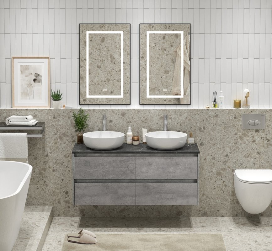 Тумба с раковиной BelBagno Kraft 120 со столешницей, для двоих, 4 ящика, cemento grigio