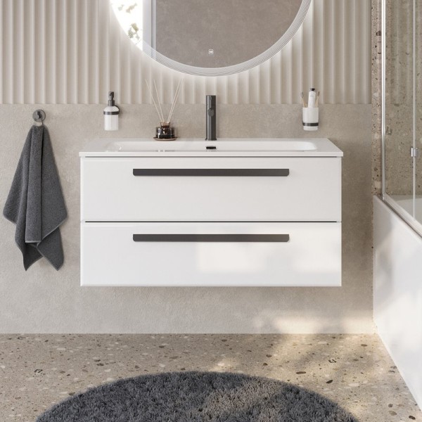 Тумба с раковиной Cezares Eco Cer-N 100 bianco lucido, раковина Eco 100, ручки черные