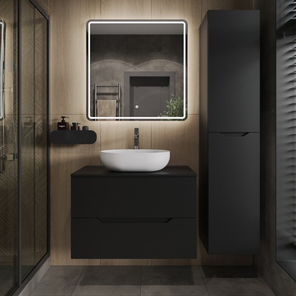 Мебель для ванной комнаты Orange Line 80 подвесная, 2 ящика, матовая черная с раковиной B05-480W
