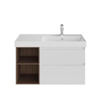 Тумба под раковину KERAMA MARAZZI Cubo 90, правая подвесная, с ящиками и полкой, белая матовая, структурированный орех