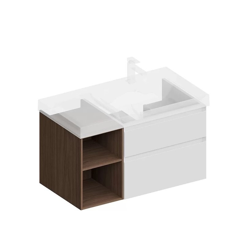 Тумба под раковину KERAMA MARAZZI Cubo 90, правая подвесная, с ящиками и полкой, белая матовая, структурированный орех
