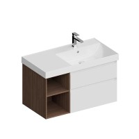 Тумба под раковину KERAMA MARAZZI Cubo 90, правая подвесная, с ящиками и полкой, белая матовая, структурированный орех