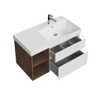 Тумба под раковину KERAMA MARAZZI Cubo 90, правая подвесная, с ящиками и полкой, белая матовая, структурированный орех