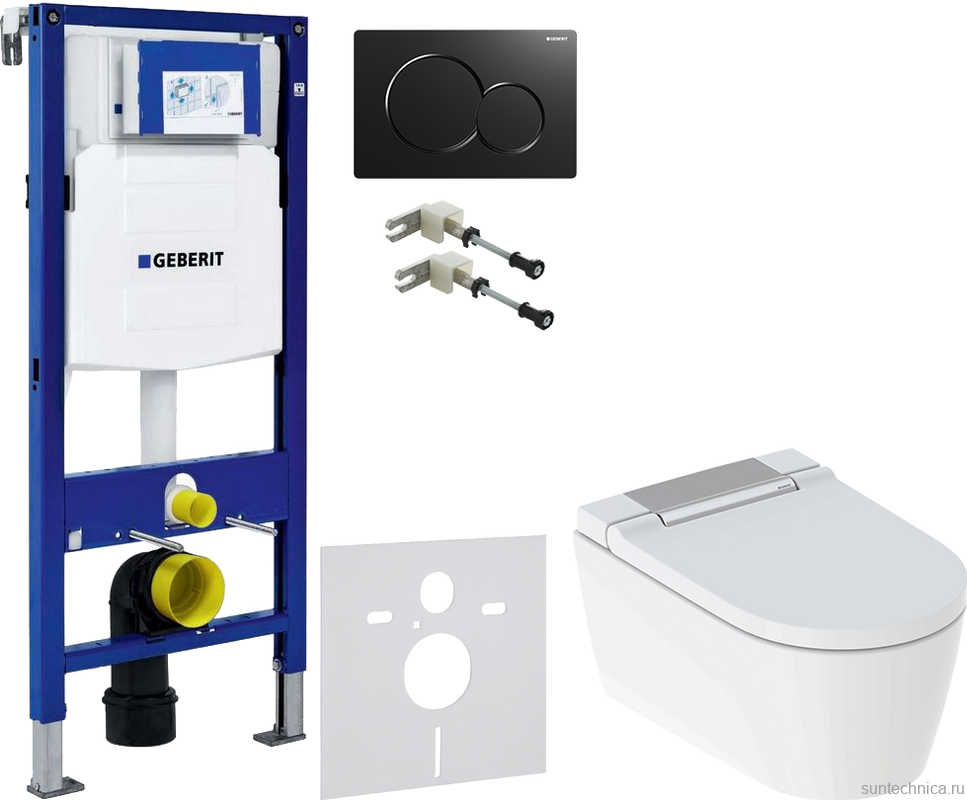Комплект Умный унитаз Geberit AquaClean Sela 146.224.21.1 вставка глянцевый хром + Крепления Duofix 111.815.00.1 к стене + Звукоизоляция + Инсталляция UP 320 111.300.00.5 + Кнопка Sigma 01 115.770.DW.5 черная