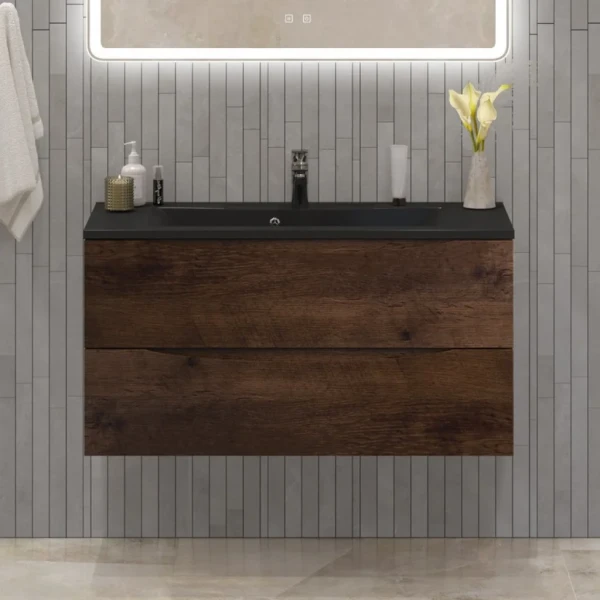 Тумба с раковиной BelBagno Marino 100 подвесная, rovere moro, черная раковина