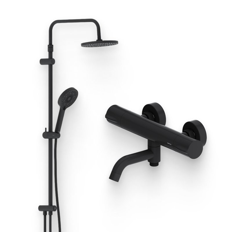 Душевой комплект Термостат Damixa Scandinavian Pure 363000300 для ванны с душем, черный + Стойка Apollo 947000300 черная матовая