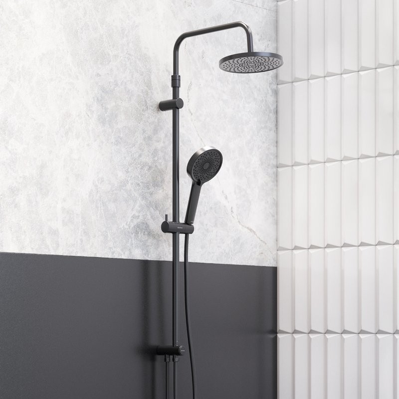 Душевой комплект Термостат Damixa Scandinavian Pure 363000300 для ванны с душем, черный + Стойка Apollo 947000300 черная матовая