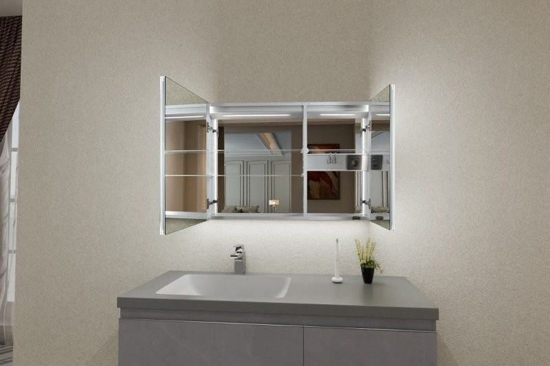 Зеркальный шкаф Esbano ES-3810D 100х70см для ванной с инфракрасным выключателем, с подогревом большой дверки, с крючком для фена, с LED-подсветкой корпуса и внутренней подсветкой двух отделов