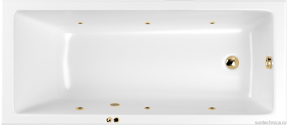 Акриловая ванна WHITECROSS Wave Slim SOFT 160x70 см, встраиваемая, с гидромассажем, белый, с каркасом, со сливом-переливом, фурнитура золото