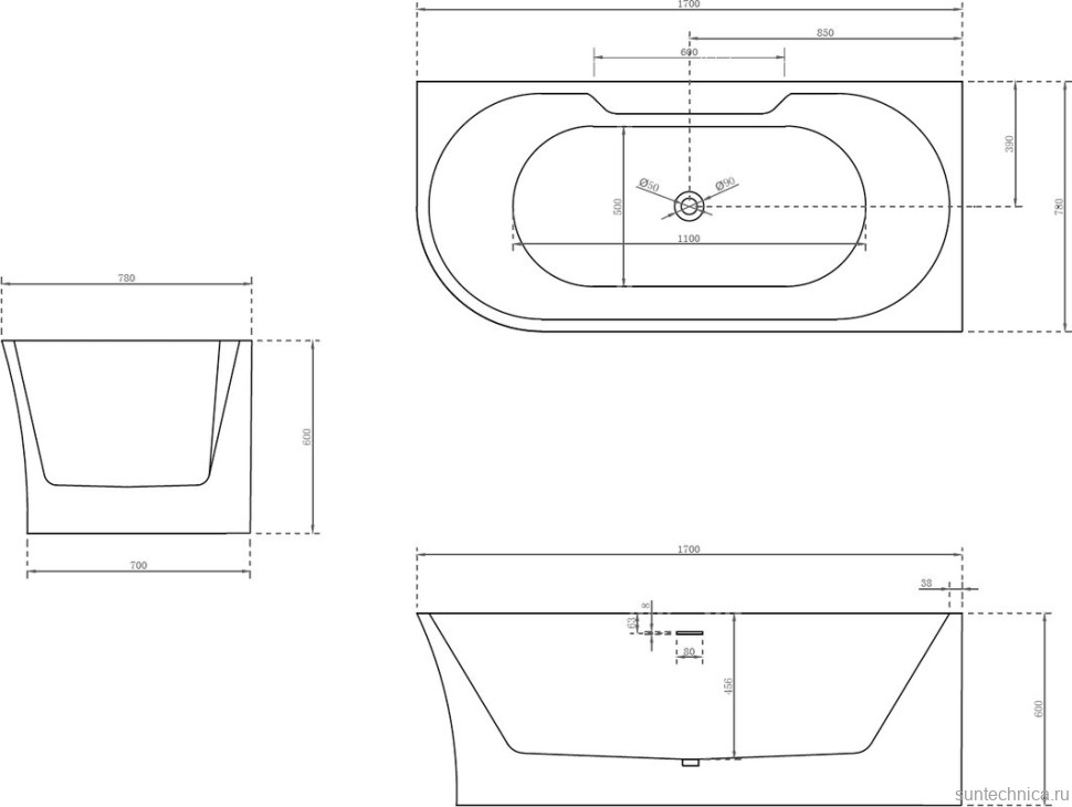 Акриловая ванна Abber AB9335-1.7 R 170x80 см, угловая, правая, пристенная, белая, асимметричная, с каркасом, со сливом-переливом