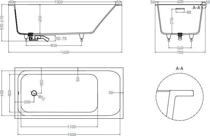 Ванна из искусственного камня Salini Orlanda Kit S-Sense 160x70 см, встраиваемая, белая, на ножках, со сливом-переливом, с донным клапаном