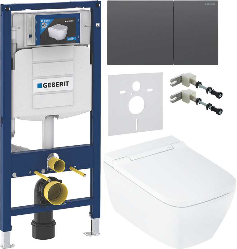 Комплект Умный унитаз Geberit AquaClean Sela Square безободковый, с биде, белый + Инсталляция Duofix UP 320 111.300.00.5 + Кнопка Sigma 70 115.622.QD.1 хромированный черный + Звукоизоляция + Крепления 111.815.00.1 к стене