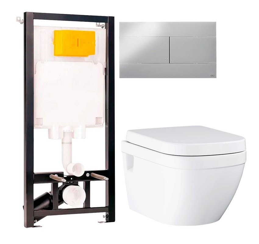 Комплект Унитаз подвесной Grohe Euro Ceramic 39703000 безободковый + Инсталляция OLI 80 ECO Sanitarblock mechanic 3 в 1 с кнопкой смыва