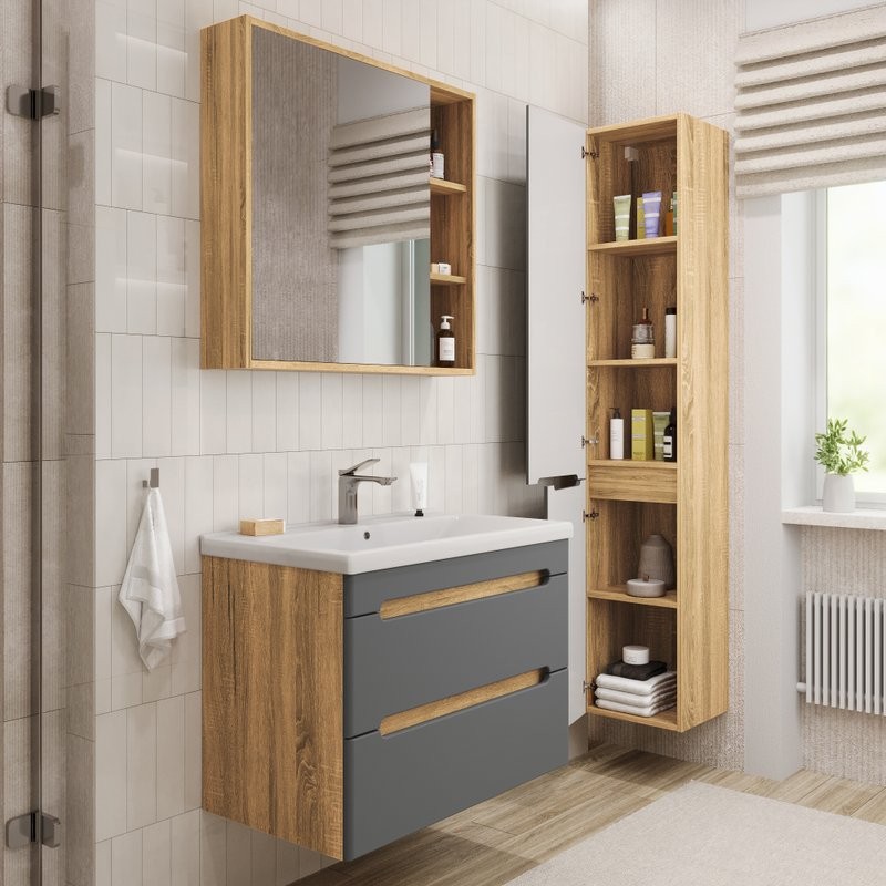 Тумба под раковину без столешницы SanStar Diva 70 подвесная, графит софт, дуб вотан