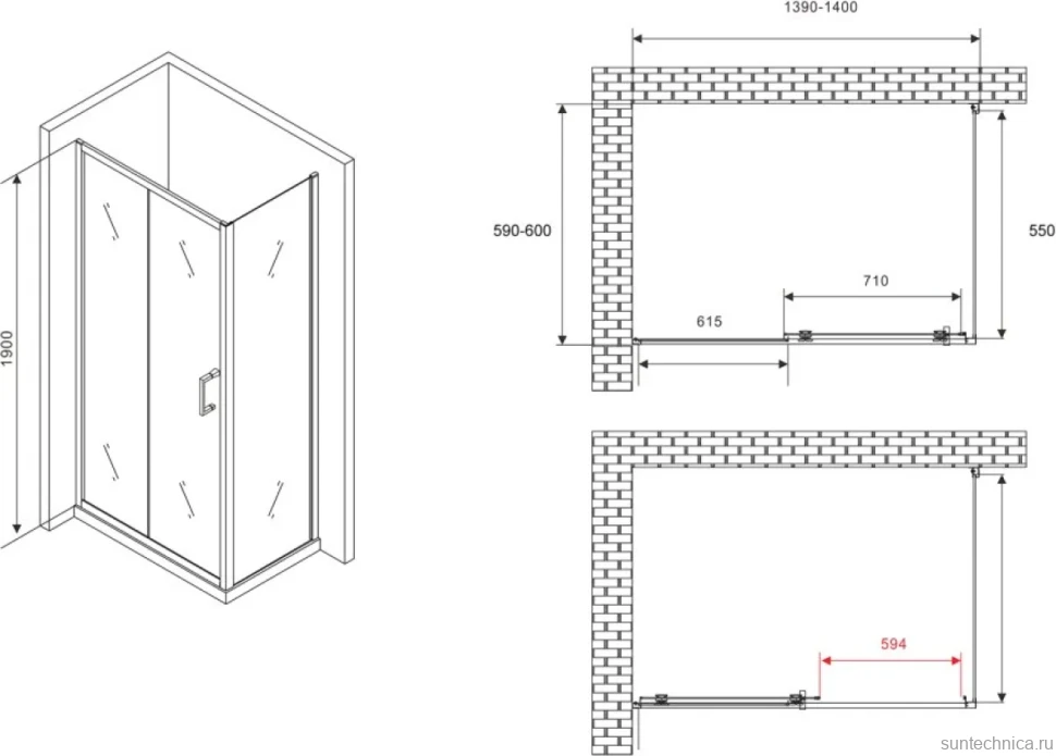 Душевой уголок Abber Schwarzer Diamant AG30140B5-S60B5 140x60, профиль черный, стекло прозрачное