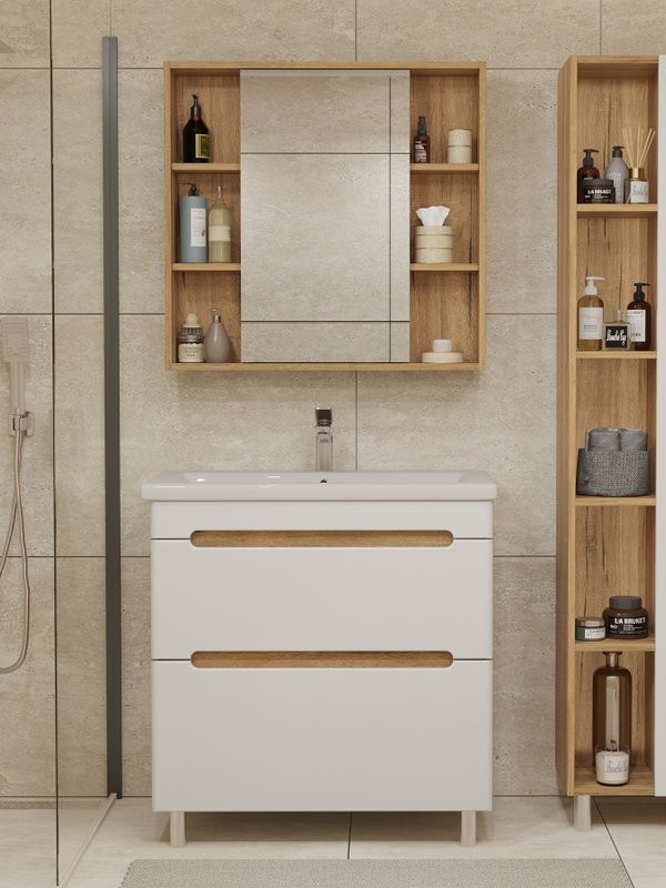 Мебель для ванной комнаты SanStar Diva 80 напольная, матовая белая, дуб вотан, раковина Como 80