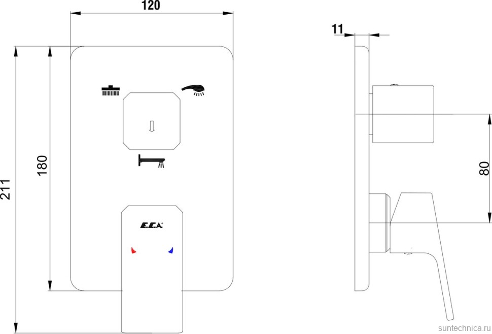 Встраиваемый смеситель для душа и ванны E.C.A. Tiera 102167305EX-K хром