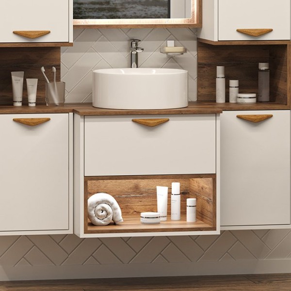 Тумба под раковину Brevita Bergen 60 подвесная, с подсветкой, дуб галифакс олово, белый