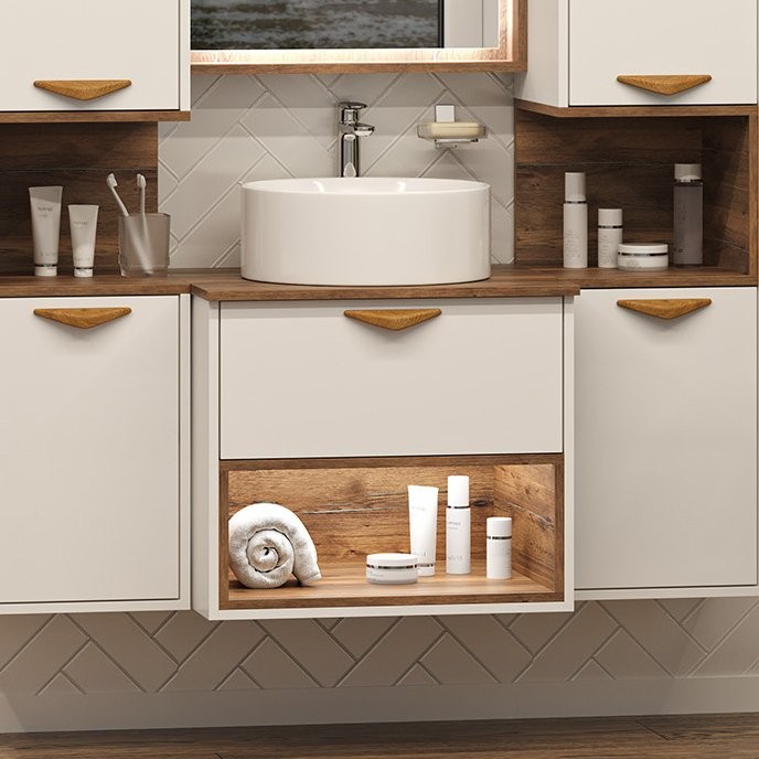 Тумба под раковину Brevita Bergen 60 подвесная, с подсветкой, дуб галифакс олово, белый