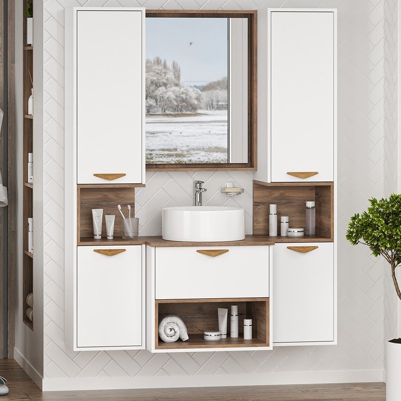 Тумба под раковину Brevita Bergen 60 подвесная, с подсветкой, дуб галифакс олово, белый