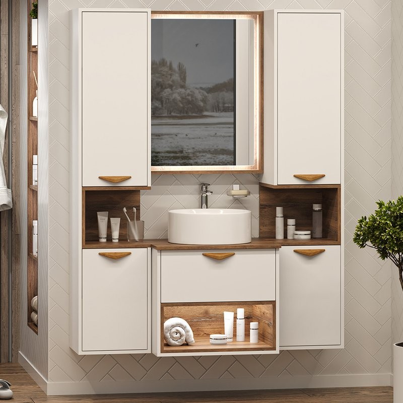 Тумба под раковину Brevita Bergen 60 подвесная, с подсветкой, дуб галифакс олово, белый