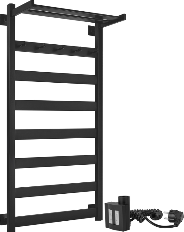 Полотенцесушитель электрический Secado Комано 1 КСП , 105x55 см, подключение слева, матовый черный, лесенка, с полкой