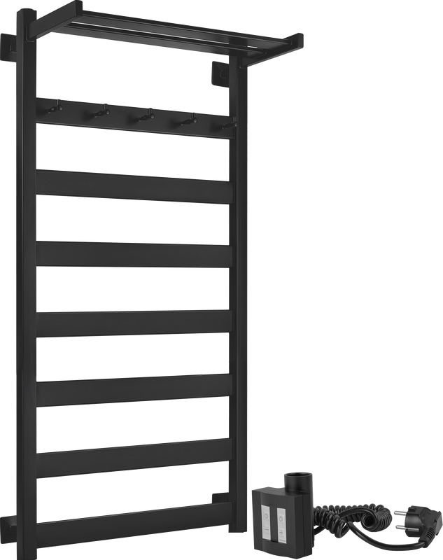 Полотенцесушитель электрический Secado Комано 1 КСП , 105x55 см, подключение слева, матовый черный, лесенка, с полкой