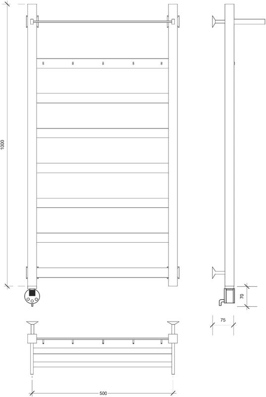Полотенцесушитель электрический Secado Комано 1 КСП , 105x55 см, подключение слева, матовый черный, лесенка, с полкой