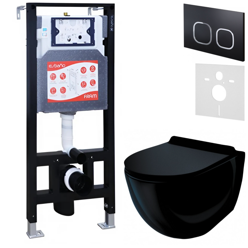 Комплект Унитаз подвесной Esbano Garcia ESUPGARCB черный глянец + Инсталляция Fram + Кнопка ESINLPS10MB