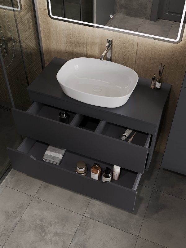 Мебель для ванной комнаты Orange Line 100 подвесная, 2 ящика, матовый графит с раковиной B08-500W