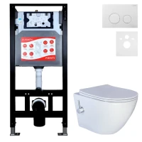 Комплект 3 в 1 Унитаз подвесной Esbano ESWBTERUWN + Инсталляция Fram + Кнопка ESINSLM37GW цвет глянцевый белый