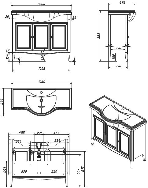 Тумба с раковиной Caprigo Лион 105 3 дверцы, орех античный