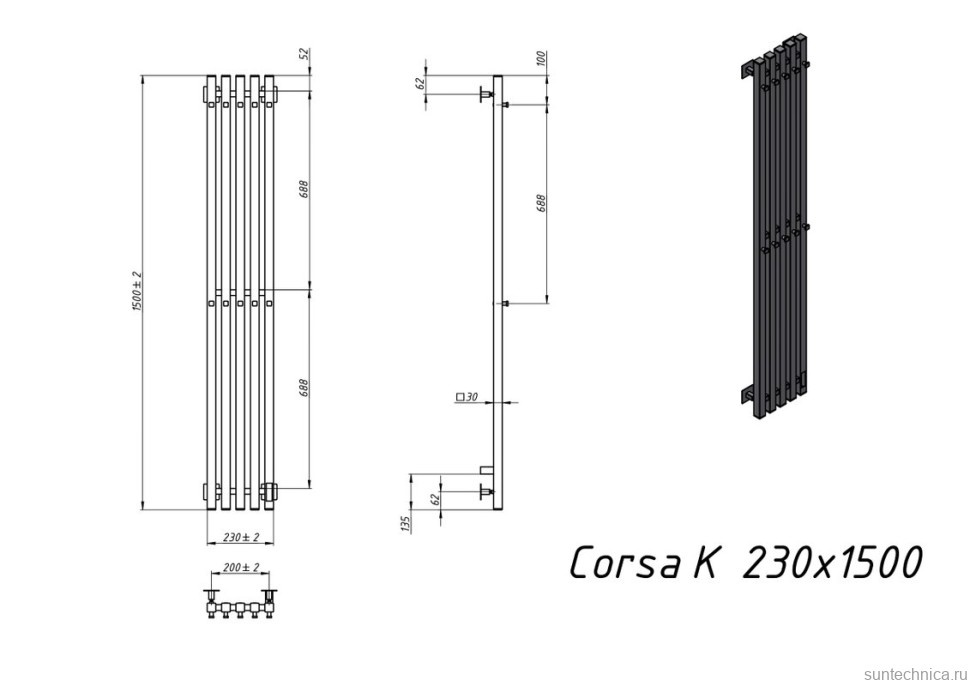 Полотенцесушитель электрический Grota Corsa K N RAL9005 EL 23х150, с крючками, матовый черный