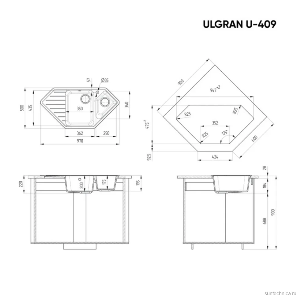 Мойка кухонная Ulgran U-409 -341 ультра-белый