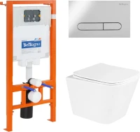 Комплект Унитаз подвесной BelBagno Due BB3103CHR/SC безободковый, с микролифтом, инсталляция BB002-80 с кнопкой BB005-PR-CHROME
