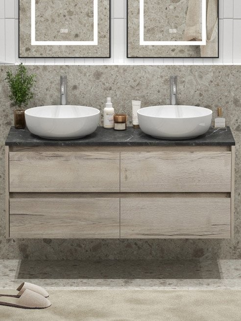 Тумба с раковиной BelBagno Kraft 120 со столешницей, для двоих, 4 ящика, rovere galifax bianco