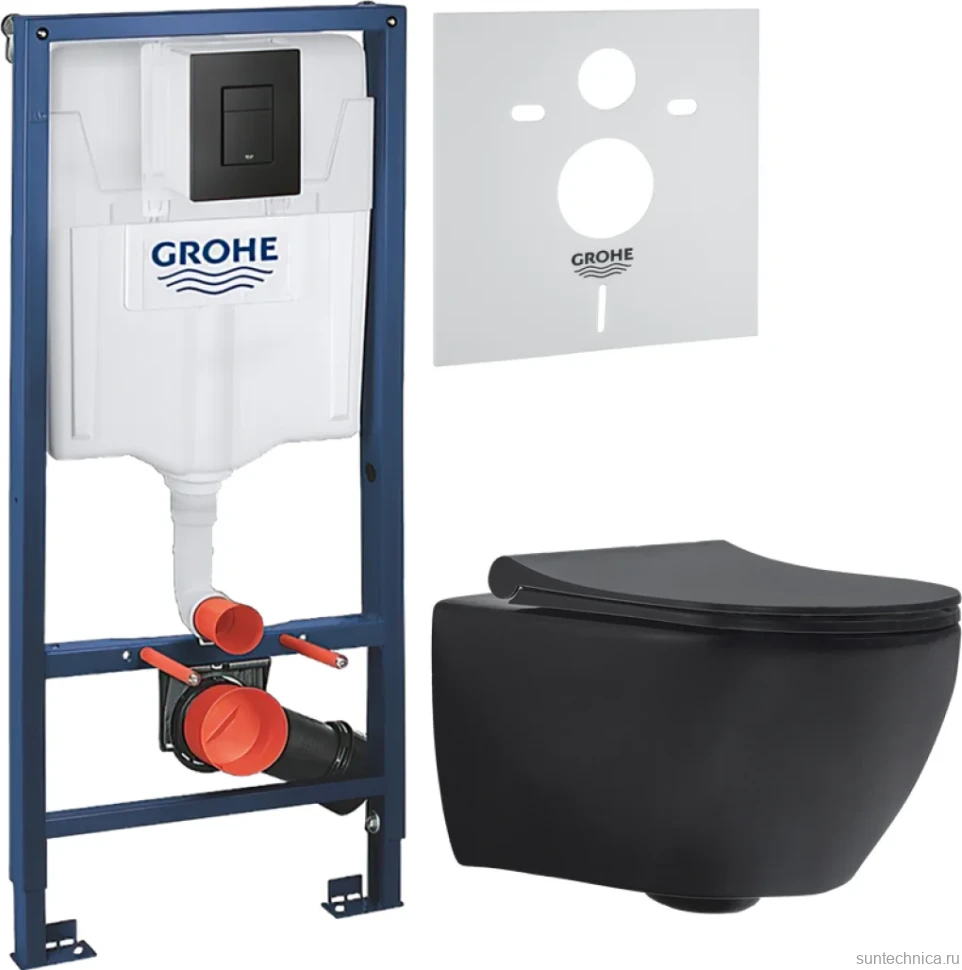 Комплект Унитаз подвесной beWash Bogen 88303670 с сиденьем микролифт, с функцией биде, черный матовый + Звукоизоляция Grohe + Инсталляция Solido 38811KF0 3 в 1 с кнопкой смыва