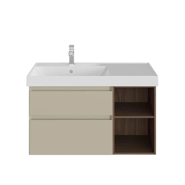 Тумба под раковину KERAMA MARAZZI Cubo 90, левая подвесная, с ящиками и полкой, лимо матовая, структурированный орех