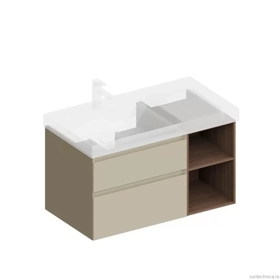 Тумба под раковину KERAMA MARAZZI Cubo 90, левая подвесная, с ящиками и полкой, лимо матовая, структурированный орех