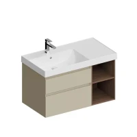 Тумба под раковину KERAMA MARAZZI Cubo 90, левая подвесная, с ящиками и полкой, лимо матовая, структурированный орех