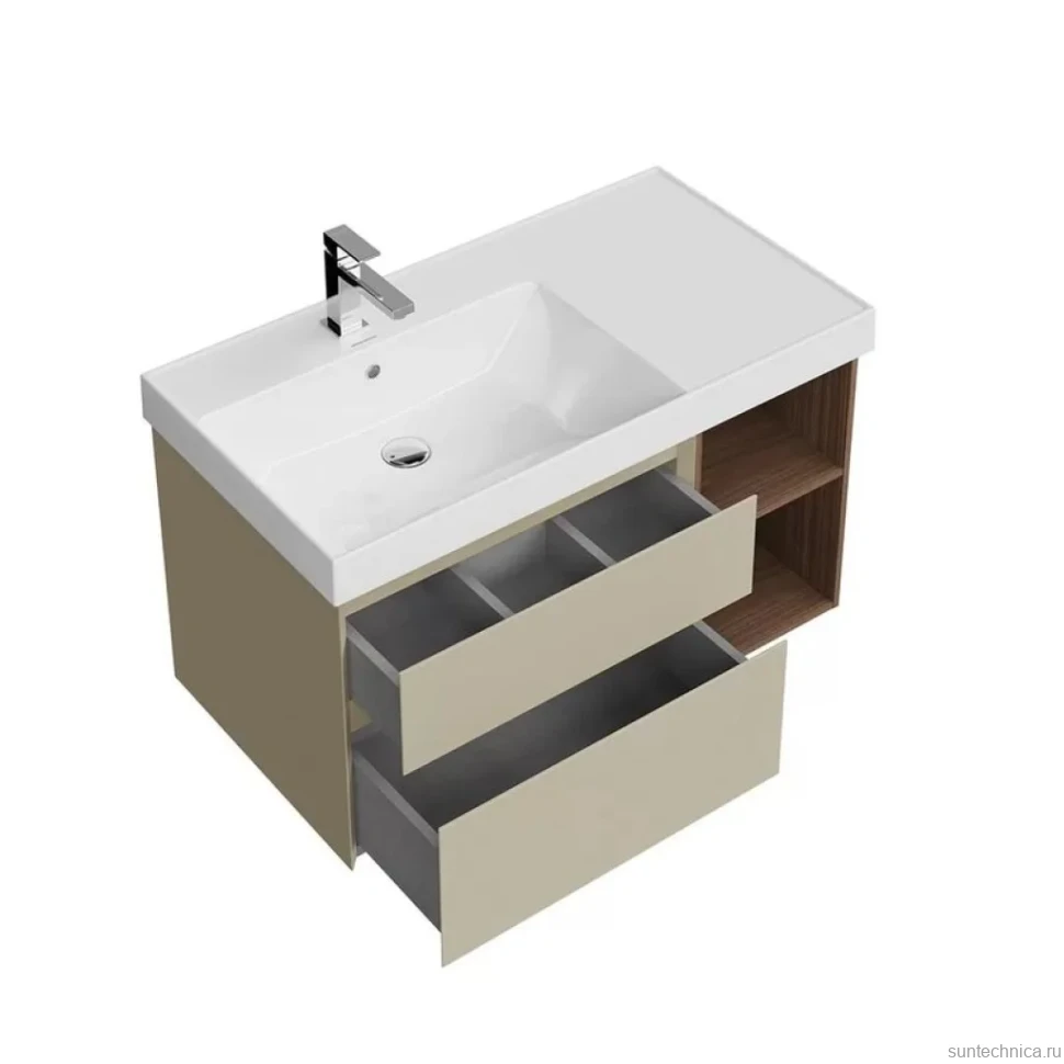 Тумба под раковину KERAMA MARAZZI Cubo 90, левая подвесная, с ящиками и полкой, лимо матовая, структурированный орех