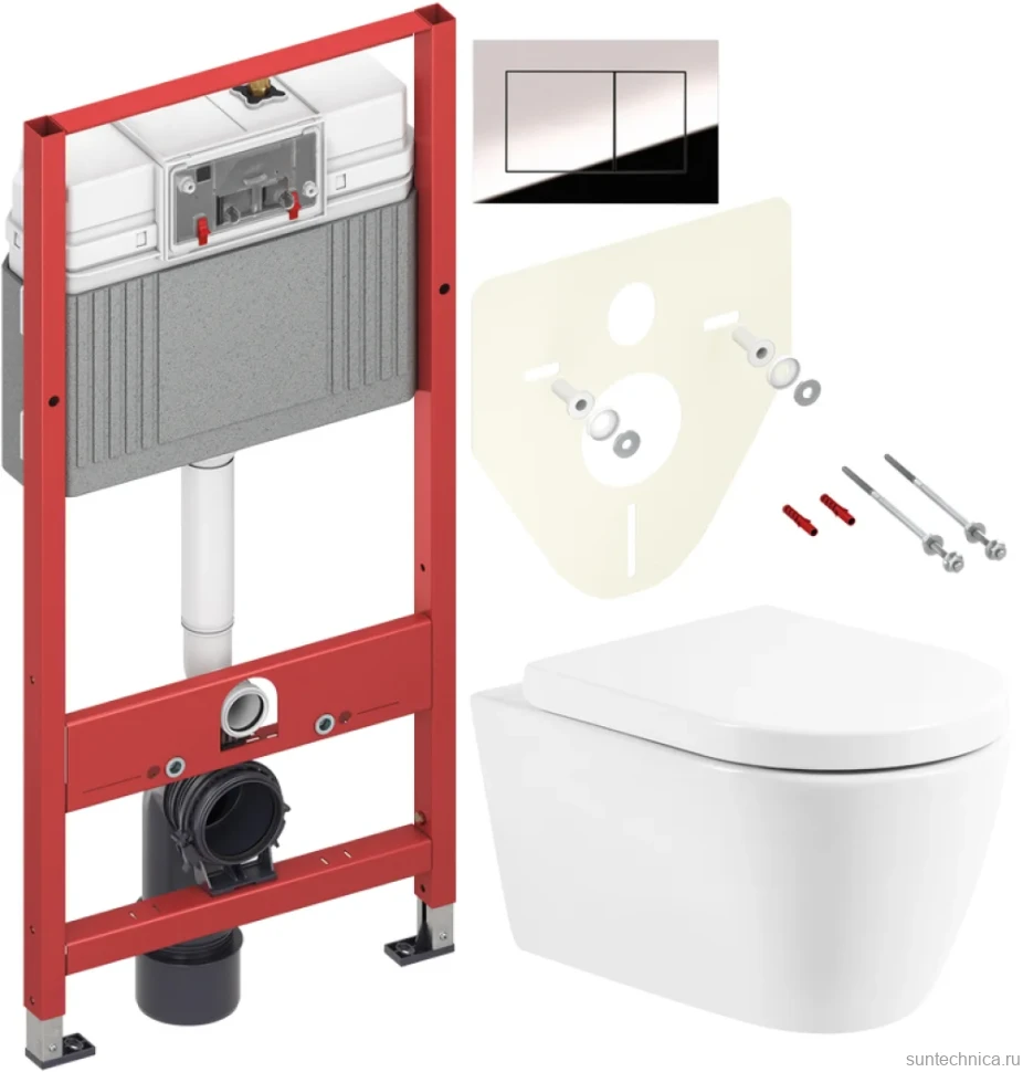 Комплект Унитаз подвесной BelBagno Marino BB105CHR безободковый + Крышка BB105SC с микролифтом, петли хром + Инсталляция TECE Now 9400412 4 в 1 с кнопкой смыва
