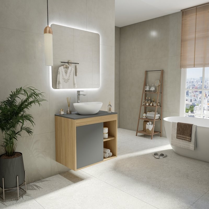 Тумба с раковиной Teymi Nura 70 дуб эврика, матовый графит, раковина Lori 40