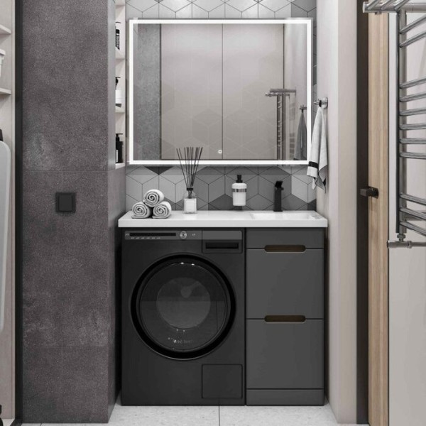 Мебель для ванной комнаты SanStar Darko 100 R под стиральную машину дуб вотан, графит софт, раковина Даллас