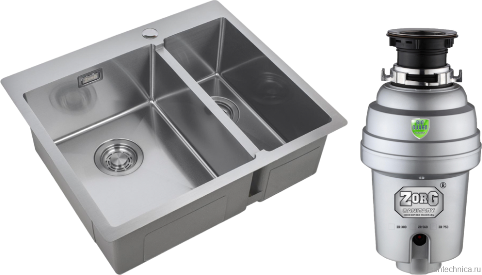 Комплект Мойка Zorg Light ZL R 590-2-510-L L, нержавеющая сталь + Измельчитель Inox D