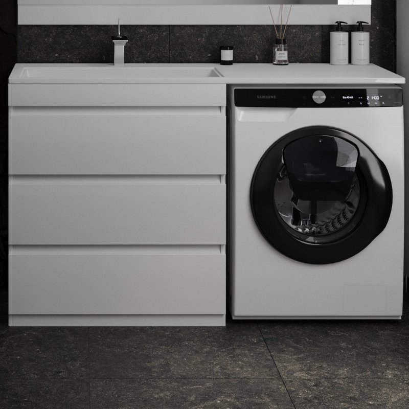 Тумба с раковиной Style Line Даллас 140 L люкс, белая + Смеситель для раковины Kludi Zenta SL 482920565 хром
