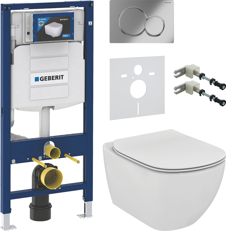 Комплект Унитаз подвесной Ideal Standard Tesi T354601 с микролифтом + Крепления Geberit Duofix 111.815.00.1 к стене + Звукоизоляция + Инсталляция UP 320 111.300.00.5 + Кнопка Sigma 01 115.770.21.5 хром