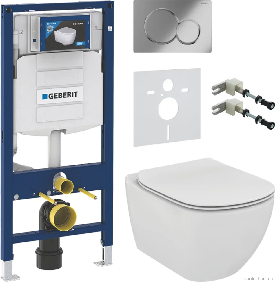 Комплект Унитаз подвесной Ideal Standard Tesi T354601 с микролифтом + Крепления Geberit Duofix 111.815.00.1 к стене + Звукоизоляция + Инсталляция UP 320 111.300.00.5 + Кнопка Sigma 01 115.770.21.5 хром