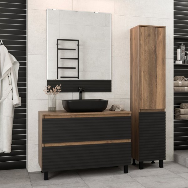 Мебель для ванной комнаты Brevita Dakota 100 напольная, дуб галифакс олово, черный кварц